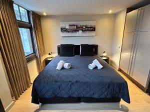 a bedroom with a large bed with two pillows at Amazing Studio S3, City Centre Dordrecht in Dordrecht