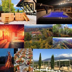 a collage of photos of a resort with a table of food at Belvedere Resort Moieciu in Moieciu de Jos