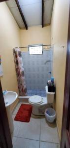 a bathroom with a shower and a toilet and a sink at Casa Pico Bonito in El Porvenir