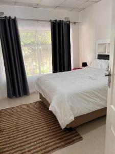 a bedroom with a large bed and a window at Four m luxury Apartment. in Kitwe