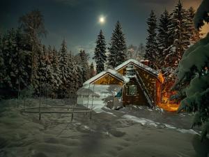 una cabaña cubierta de nieve por la noche con la luna en Villa Seven en Rovaniemi