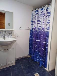 y baño con cortina de ducha y lavamanos. en Casa Familiar 6 per con Vista Se RESERVA Con SEÑA UTE APARTE, en San Luis