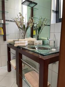 La salle de bains est pourvue d'un lavabo et d'un miroir. dans l'établissement Villa Sendy Sarajevo, à Sarajevo
