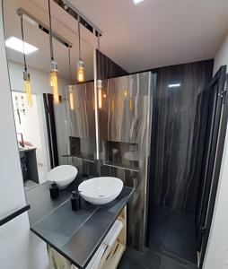a bathroom with two sinks and a shower at Okeyloft Coyhaique 4 in Coihaique