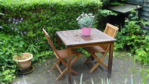 a wooden table with two chairs and a plant on it at Het Zwolse Huisje in Zwolle