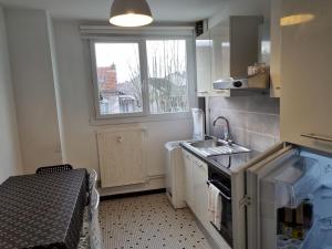 uma pequena cozinha com um lavatório e uma janela em Cathédrale, champagne near, park and stores close em Reims