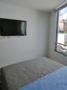 a bedroom with a bed and a flat screen tv at Beautiful apartment with rooftop in Armenia
