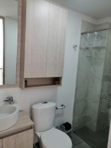 a bathroom with a toilet and a sink and a shower at Beautiful apartment with rooftop in Armenia +17 photos
