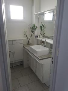 baño blanco con lavabo y ventana en Belle Appartement, en Auxerre