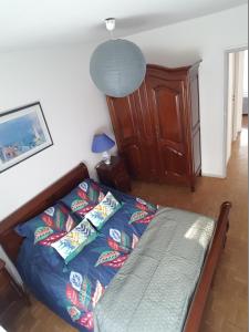 Un dormitorio con una cama con almohadas encima. en Belle Appartement, en Auxerre