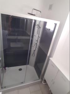 una ducha con puerta de cristal en un baño en Belle Appartement, en Auxerre