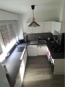 Una pequeña cocina con gabinetes blancos y un fregadero. en Belle Appartement, en Auxerre