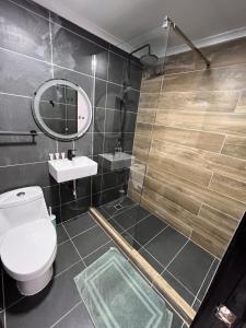 La salle de bains est pourvue de toilettes, d'un lavabo et d'un miroir. dans l'établissement VOY Hostales - 4 Norte, à Viña del Mar