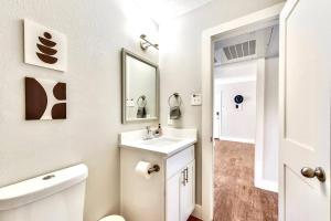 La salle de bains est pourvue d'un lavabo, de toilettes et d'un miroir. dans l'établissement Bright and Cheerful Flat, near Fair Park, à Dallas
