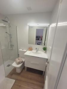 łazienka z umywalką, toaletą i lustrem w obiekcie Przytulny Apartament 100m od plaży w mieście Torrevieja