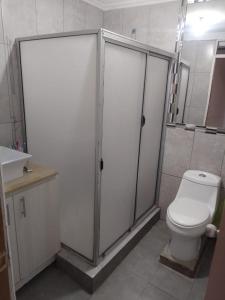 La salle de bains est pourvue d'une douche, de toilettes et d'un lavabo. dans l'établissement Molino Rojo Hostel, à Santiago