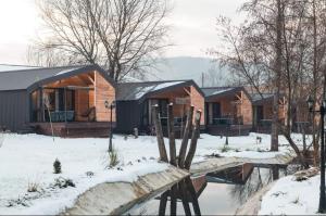 Grkavešćak的住宿－Glamping Resort Toplice Sveti Martin，冬天的家,地面上积雪