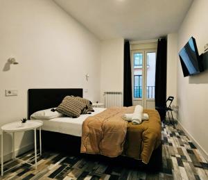 a bedroom with a large bed and a window at HOSTAL ANDREA GRANVIA in Madrid