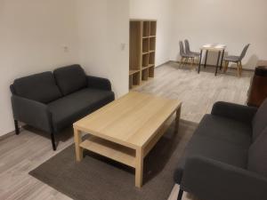 uma sala de estar com dois sofás e uma mesa de centro em Sleepover City Center Apartment em Budapeste