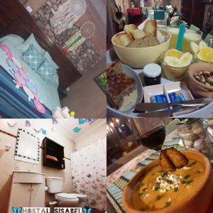eine Collage mit Bildern von Essen und einem Tisch in der Unterkunft Hostal Sisabel in Tinogasta