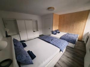 two beds in a small room with blue pillows at Apartmán Pod Mamutem in Dolní Morava