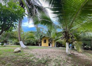 una casa amarilla con palmeras delante en Secret Paradise, en Cocles