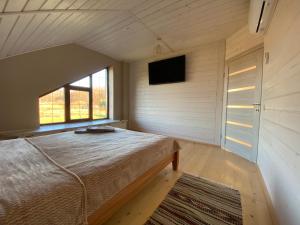 ein Schlafzimmer mit einem Bett und einem TV an der Wand in der Unterkunft Маєток на Озерах in Ispas