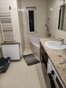 a bathroom with a sink and a bath tub at Noclegi w Dolinie Drwęcy in Kurzętnik