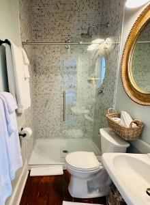 a bathroom with a shower and a toilet and a sink at Bijou Boutique Inn in Charleston