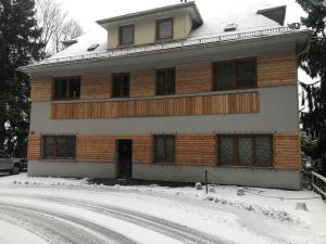 a house in the snow with a snow covered driveway at Apartment Bergblick Semmering in Semmering