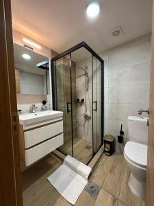een badkamer met een douche, een wastafel en een toilet bij Miryana Guest House in Ohrid