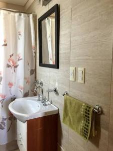 a bathroom with a sink and a shower curtain at Departament de categoría excelente ubicación in Mendoza