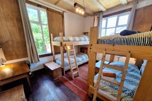 a room with two bunk beds and a window at MaPatagonia Hostel Monumento Nacional in Puerto Varas