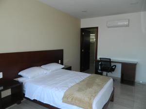 een slaapkamer met een bed, een bureau en een stoel bij ACL Suites in Boca del Río