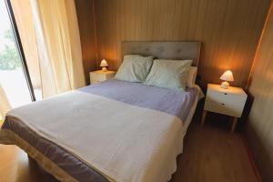 een slaapkamer met een groot bed en 2 lampen op tafels bij Moderna Cabaña en Villarrica in Villarrica
