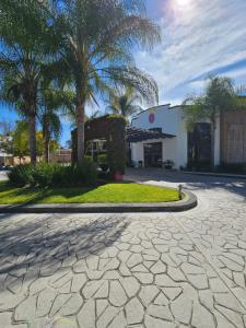 a building with palm trees and a driveway at Hotel Ejecutivo Aeropuerto in Álvaro Obregón