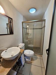 a bathroom with a sink and a toilet and a shower at Hotel Ejecutivo Aeropuerto in Álvaro Obregón