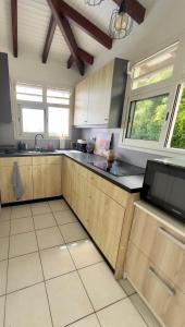 a kitchen with wooden cabinets and a tv in it at Villa Iguana, duplex paisible, vue magnifique mer et rocher du Diamant, piscine in Sainte-Luce