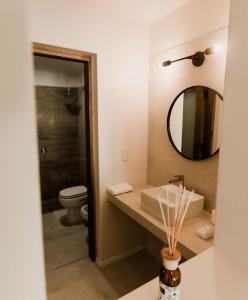 a bathroom with a sink and a toilet and a mirror at Posada Miss Olivos in San Rafael