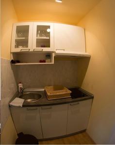 uma pequena cozinha com um lavatório e armários brancos em Apartment Mašić em Sombor