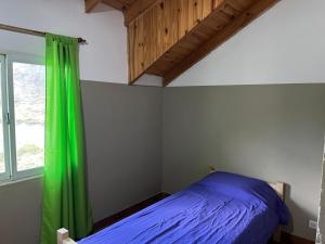 1 dormitorio con 1 cama y cortina verde en Kaiken - Hostel & Departamentos en El Chaltén