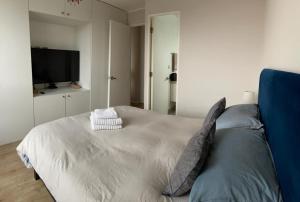 a bedroom with a bed and a flat screen tv at Departamento Río Valdivia in Valdivia