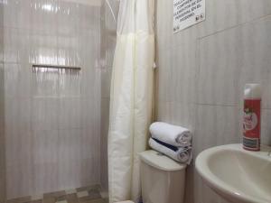 a bathroom with a shower and a toilet and a sink at Canto del rio in Jardin