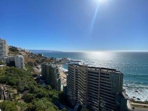 a view of a beach with buildings and the ocean at Estupendo Depto frente a Cochoa Reñaca in Viña del Mar