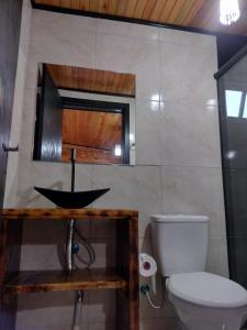 uma casa de banho com um lavatório e um WC em Recanto do Ipê (cabana 02) em Urubici