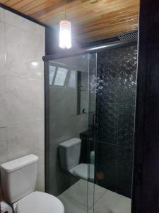 a bathroom with a toilet and a glass shower at Recanto do Ipê (cabana 02) in Urubici