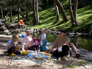 Capertee的住宿－Turon Gates - Mountain Retreat，坐在河边野餐毯上的家庭