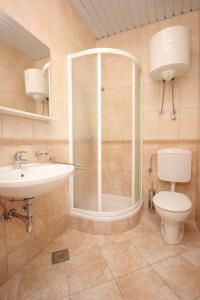 ein Bad mit einer Dusche, einem WC und einem Waschbecken in der Unterkunft Apartments by the sea Kolocep, Elafiti - 2182 in Koločep
