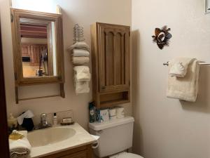 La salle de bains est pourvue d'un lavabo, de toilettes et d'un miroir. dans l'établissement Riverbend 7- Full Unit, à Red River