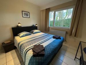 1 dormitorio con cama y ventana en Cosy holiday home in Andenne with terrace, en Andenne